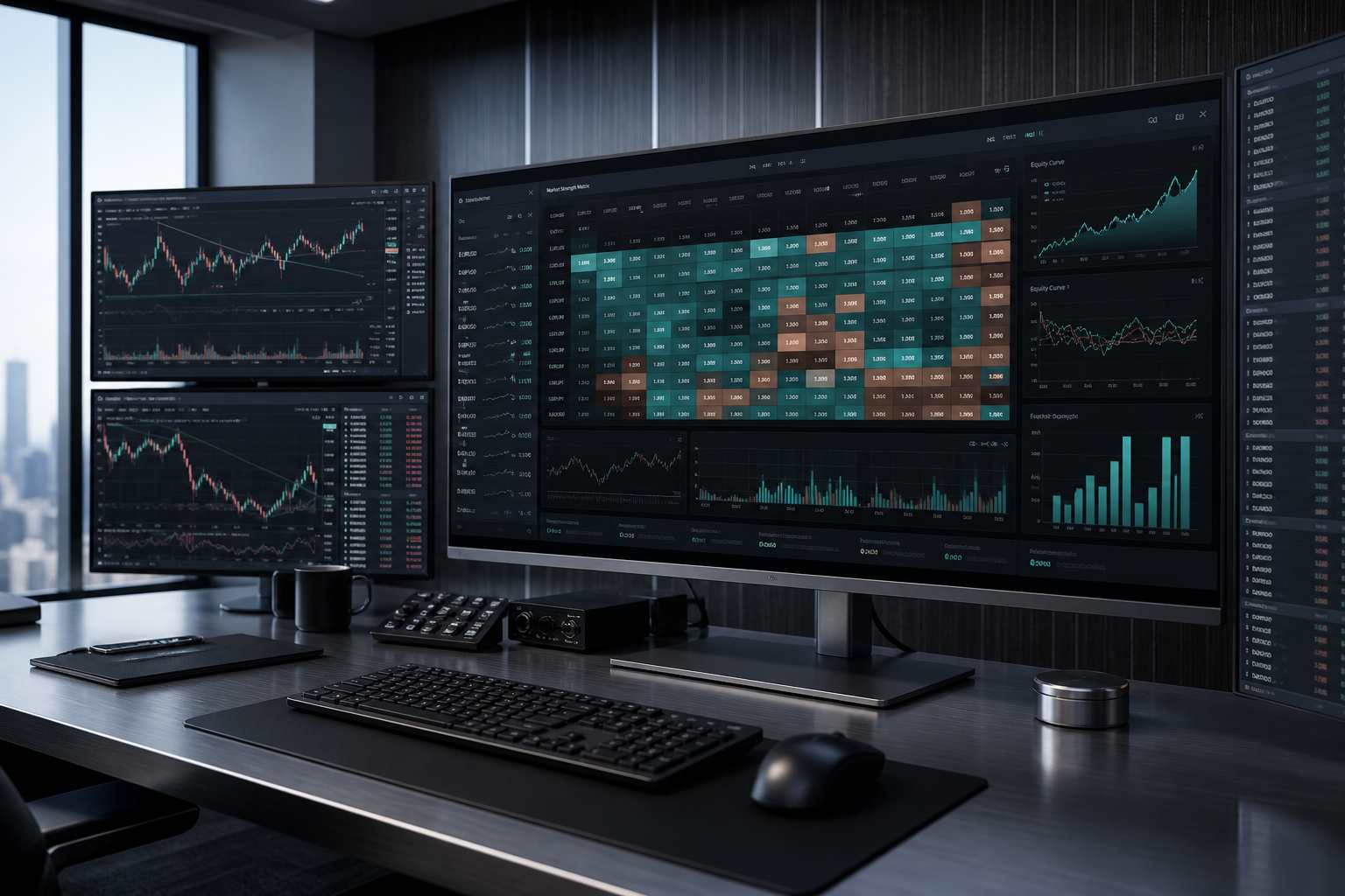 Multi-monitor trading command center with a market strength dashboard