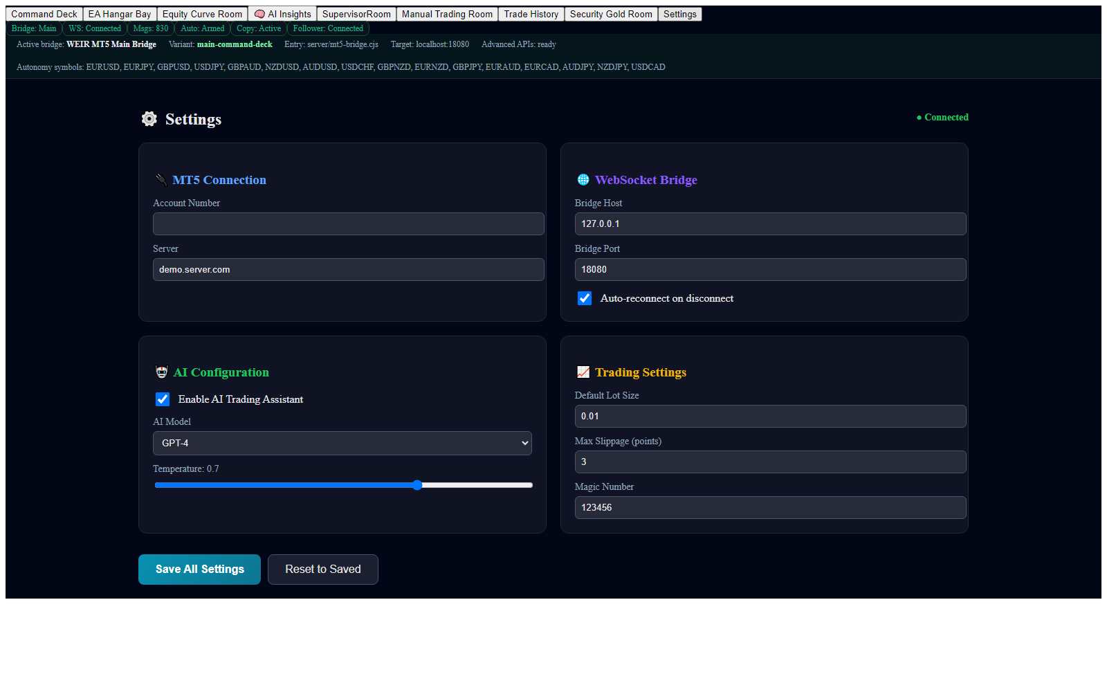 Full-page snapshot of WEIR Settings — MT5, bridge, AI, and trading defaults